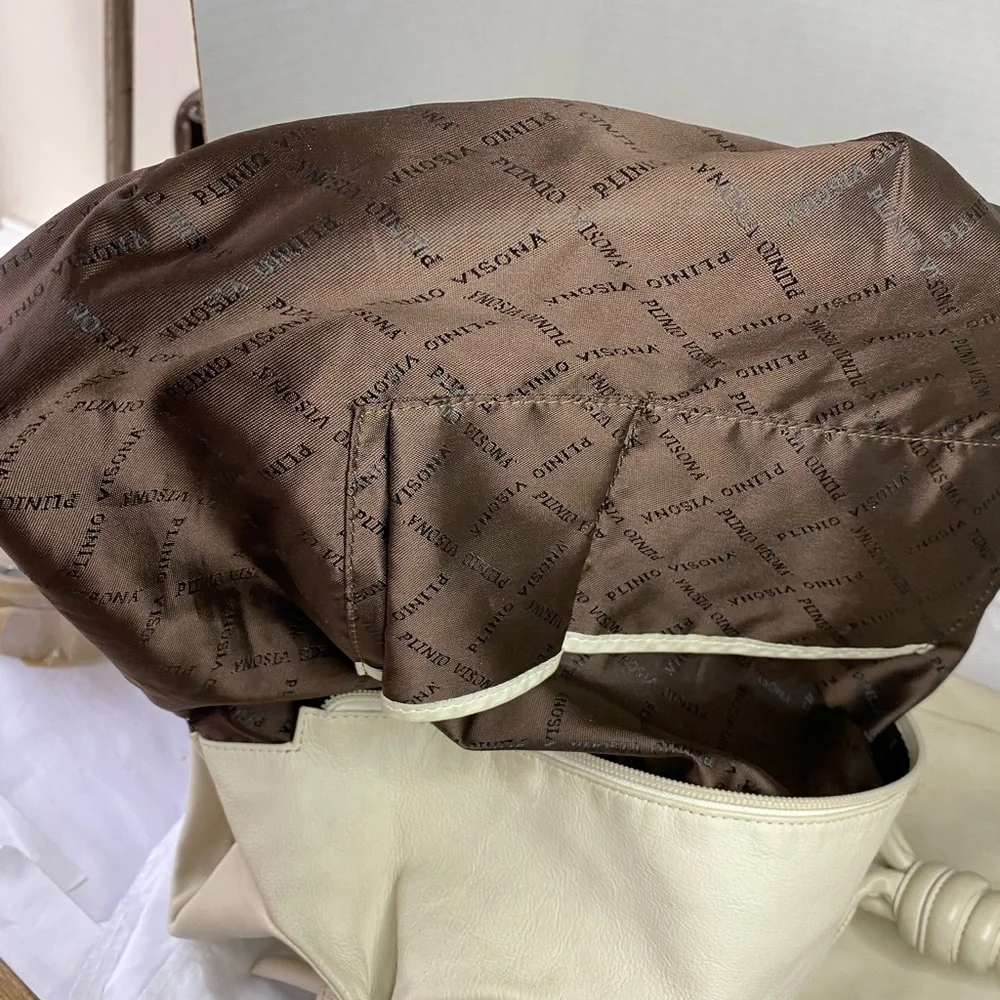 Plinio Visona Italy Cream Leather Knotted Hobo Tote Bag Zip Top OS